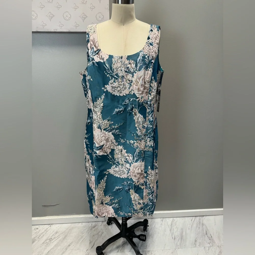 Tahari Teal floral midi dress size 16 e103-15 with tags - Picture 2 of 8